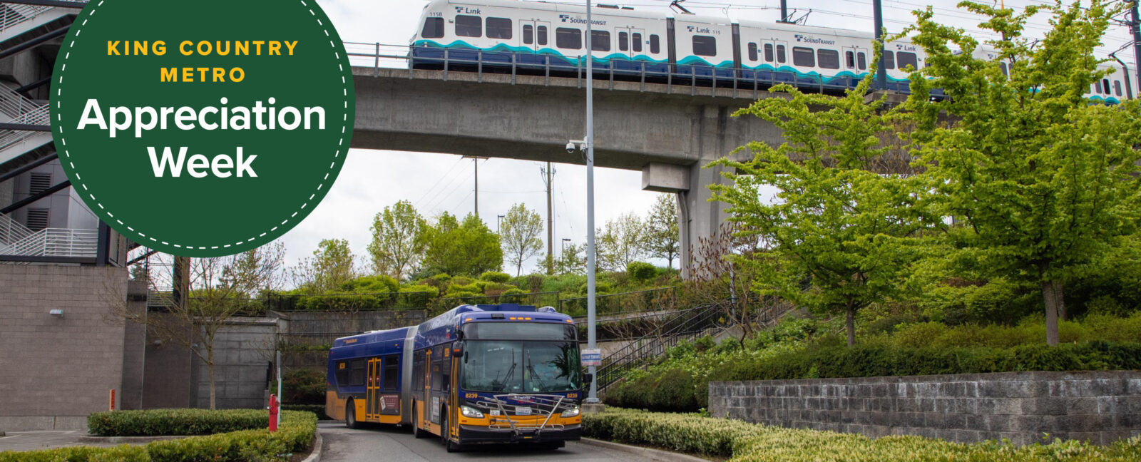 Link light rail train passing over an elevated track with metro bus passing underneath.