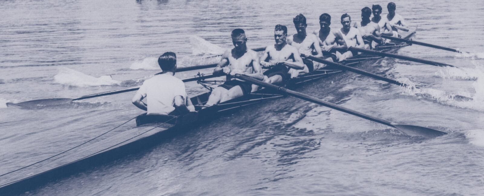 The University of Washington Men's Rowing Team on the water circa 1936.