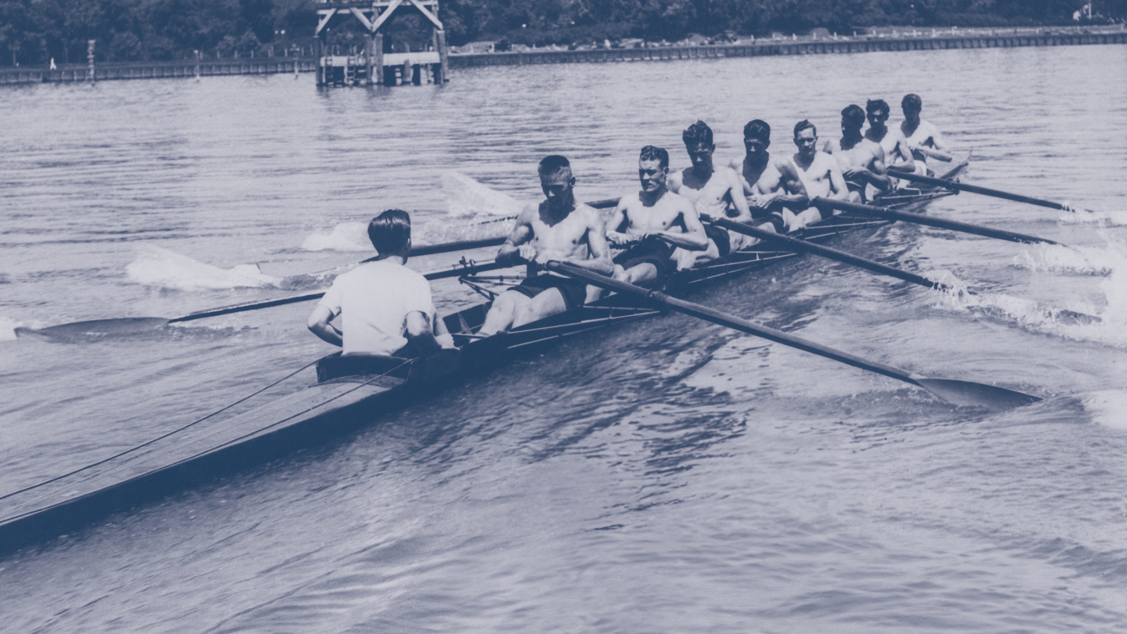 The University of Washington Men's Rowing Team on the water circa 1936.