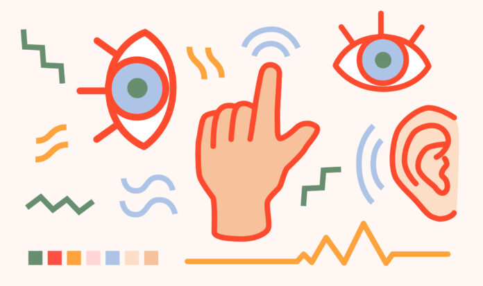 A collage of vector images with a hand
