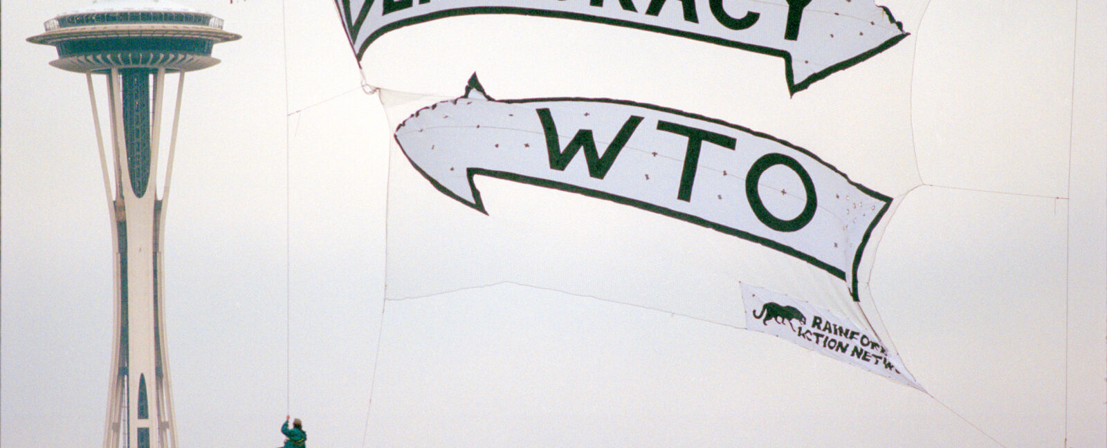 WTO protestors wearing turtle costumes march in downtown Seattle. A sign reads