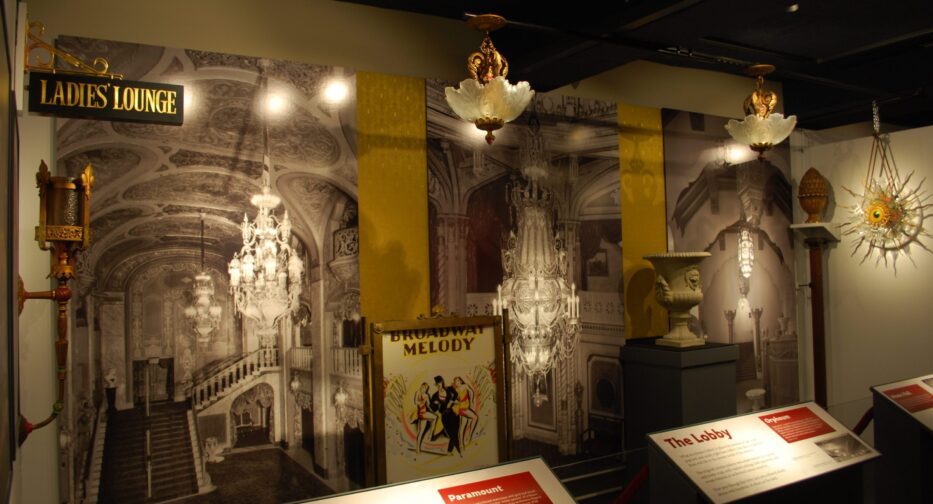 A grand movie palace lobby utilizing artifacts from the Fox (later Music Hall) Theatre.
