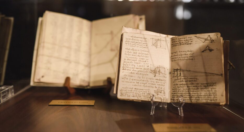 Leonardo da Vinci notebooks on display.