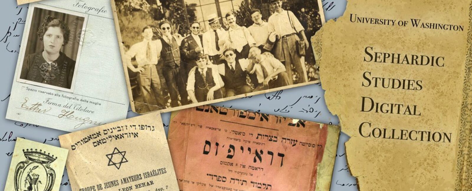 Group of men in dress clothes posing for photo surrounded by documents in Hebrew.