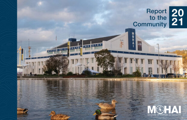 MOHAI 2021 Annual Report cover shows the duck pond outside the museum beneath partly cloudy skies.