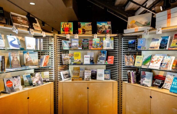 Book shelves filled with books at MOHAI Mercantile.