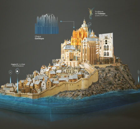 Digital view of Mont-Saint-Michel with person on right right wearing HoloLens 2 from Microsoft.