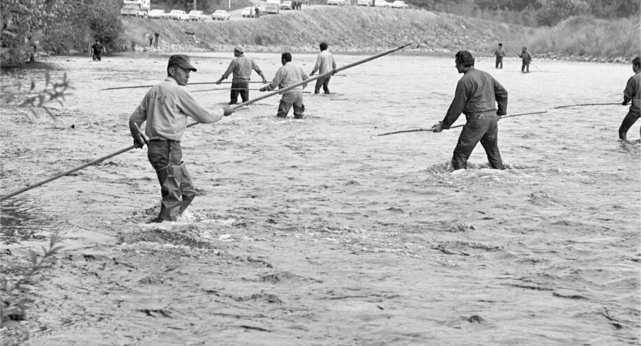 Muckleshoot Tribe members practicing fishing rights in Green River, Auburn, October 4, 1970.