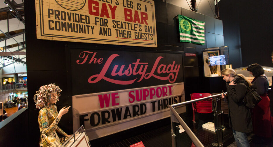 The Shelly’s Leg Gay Bar sign that is included in the True Northwest exhibit on December 29, 2021 at MOHAI's opening day in SLU.