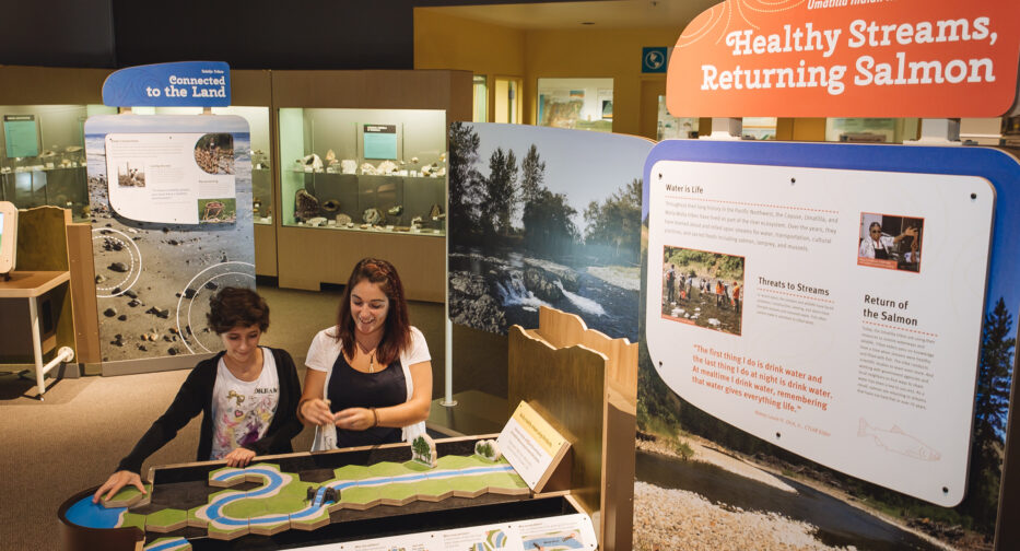 Two people explore wooden stream building activity.