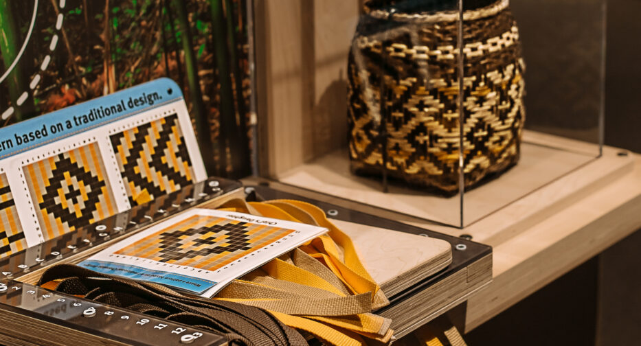 A woven basket on display.