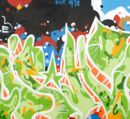 Graffiti mural created for The Legacy of Seattle Hip-Hop exhibit at MOHAI.