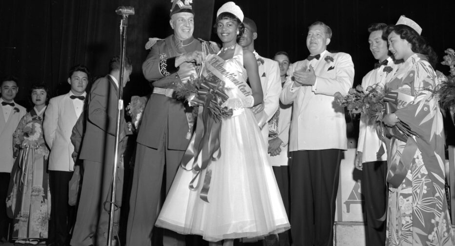 Miss International Center ca. 1952 being crowned on stage in Seattle, WA.