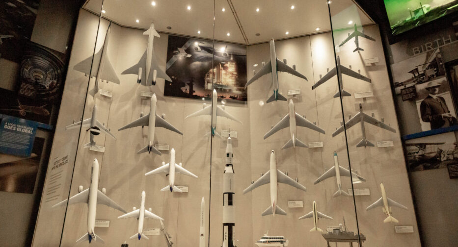 A Boeing display at MOHAI showing a variety of airplane models.