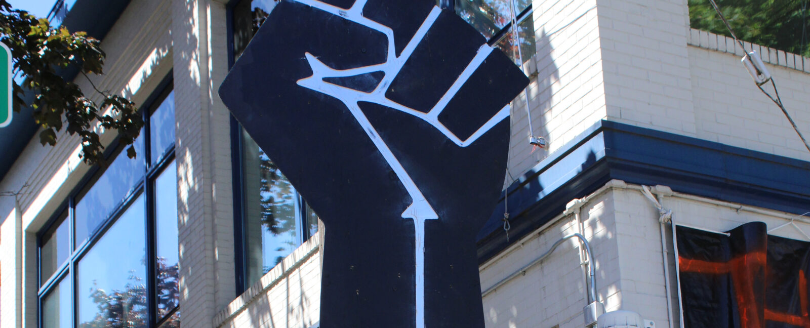 E Black Lives Matter Street sign with fist above it.
