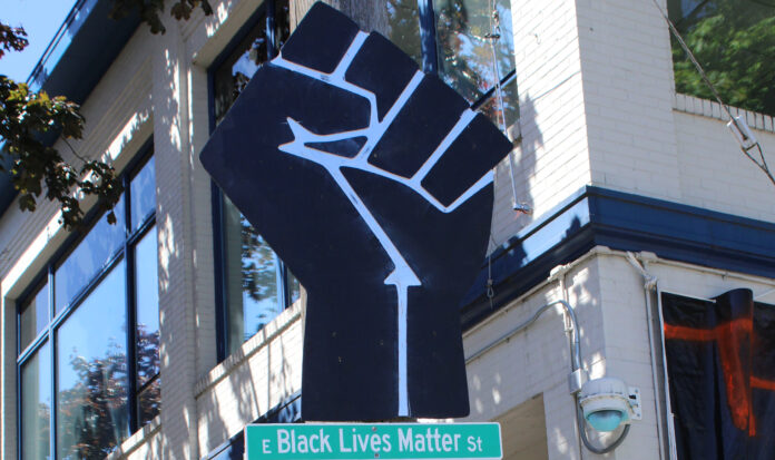 E Black Lives Matter Street sign with fist above it.
