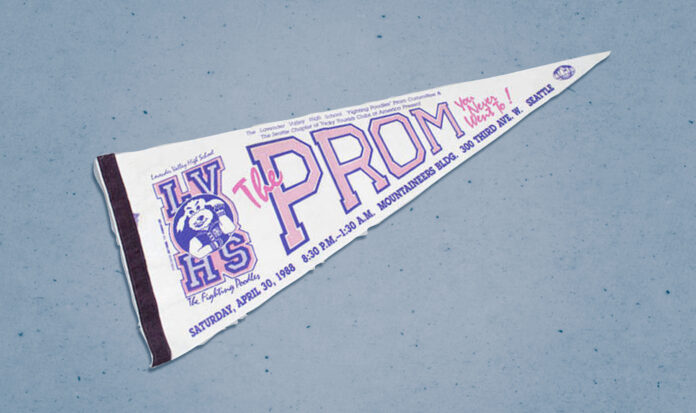 White and pink pennant flag for Lavender Valley High School and "The Prom You Never Went To!"