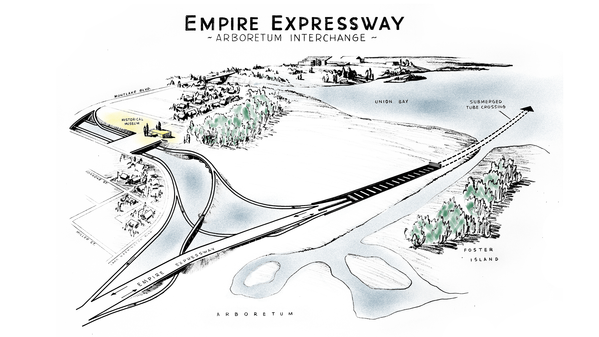 A map of Empire Expressway - a reimagining of Seattle.