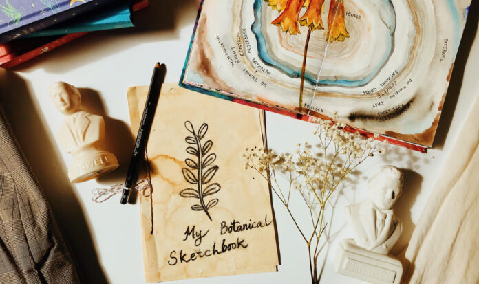 A collage of items including a botanical sketchbook