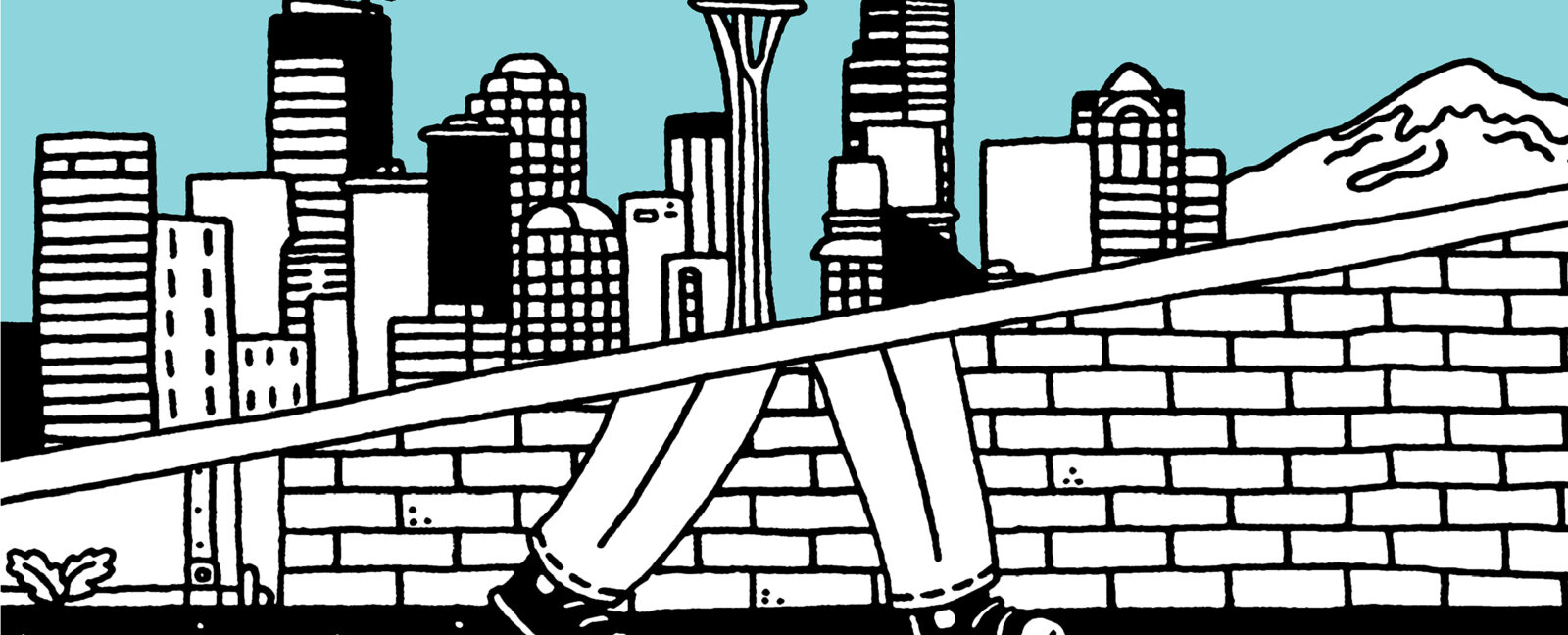 Upper half of image is Seattle skyline. Bottom have is legs walking on sidewalk.