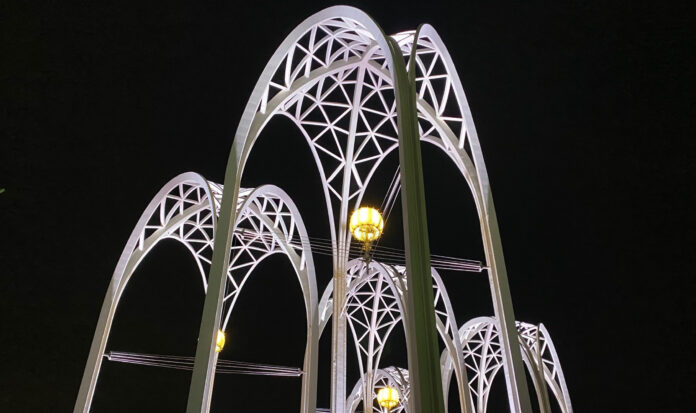 White arches visible behind Pacific Science Center in Seattle