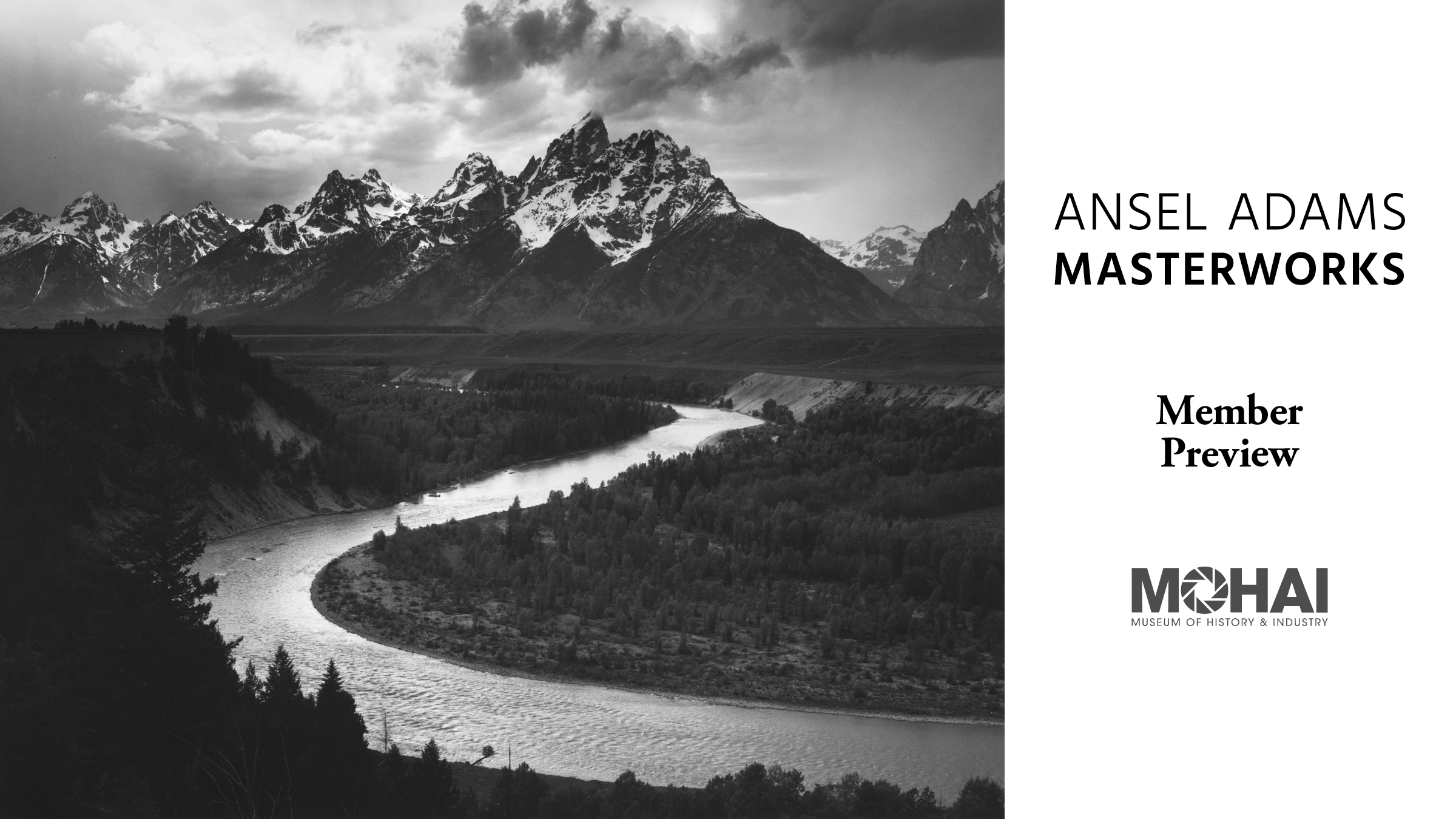 Snake River with mountains in the background photographed by Ansel Adams.