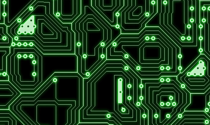 An green and black illustration of a circuit board.