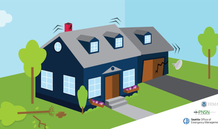An illustration of a home shaking during an earthquake.