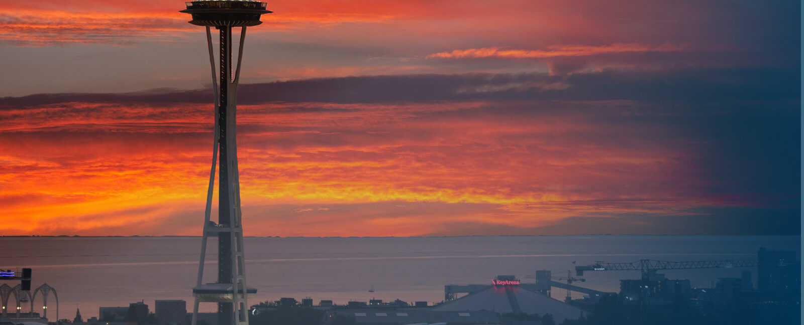 View of Seattle Space Needle at sunset.