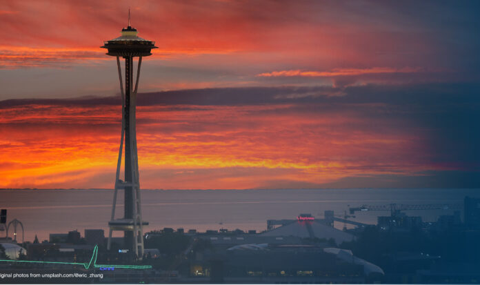 View of Seattle Space Needle at sunset.