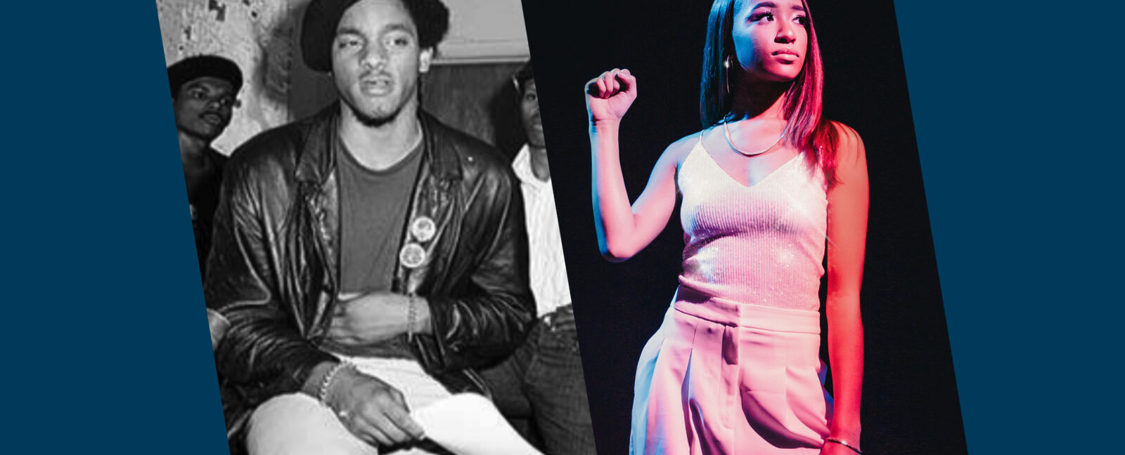 Elmer Dixon sits to the left. Allani Seals stands to the right with her right fist raised.