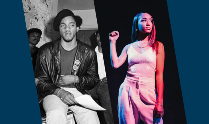 Elmer Dixon sits to the left. Allani Seals stands to the right with her right fist raised.
