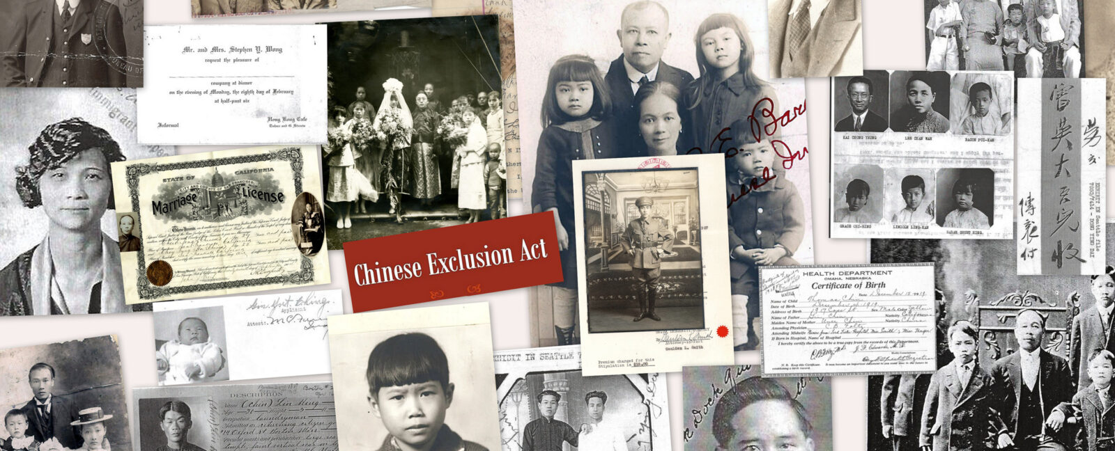 A collage of photos pertaining to the Chinese Exclusion Act that took place in 1882.