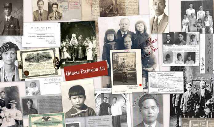 A collage of photos pertaining to the Chinese Exclusion Act that took place in 1882.