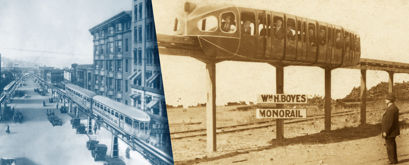 A combination of two images. One of a monorail test track in Seattle