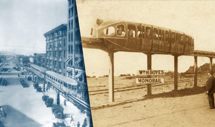 A combination of two images. One of a monorail test track in Seattle