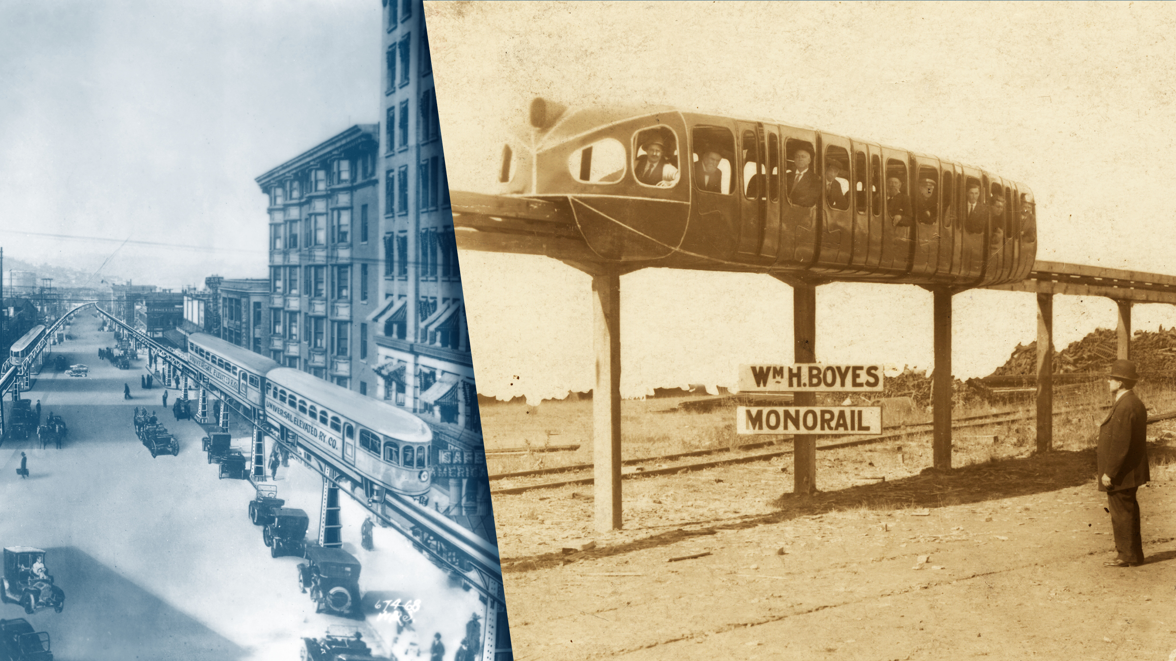 A combination of two images. One of a monorail test track in Seattle