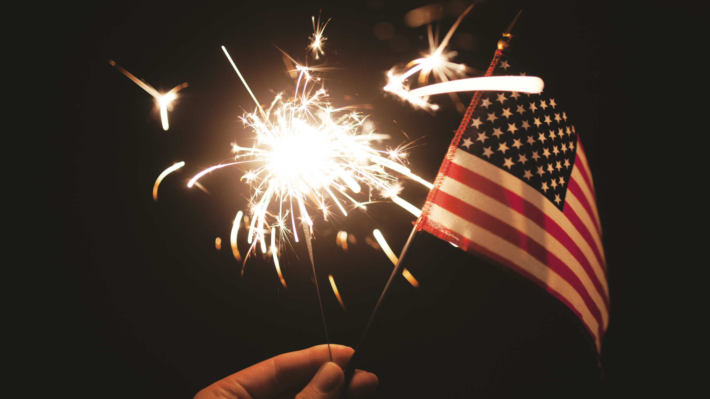 A hand holds a small American Flag and a lit sparkler.