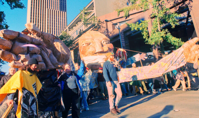 Demonstrators marching at WTO protest