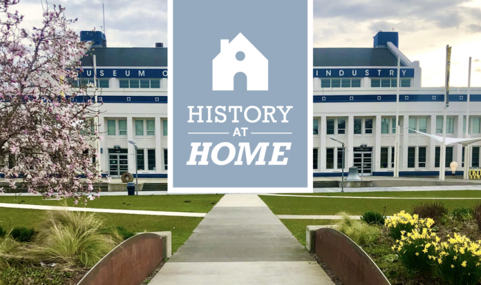Exterior of MOHAI with "History at Home" text overlay.