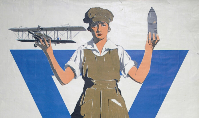 An illustration of a woman holding a plane in her right hand and a bomb in her left.