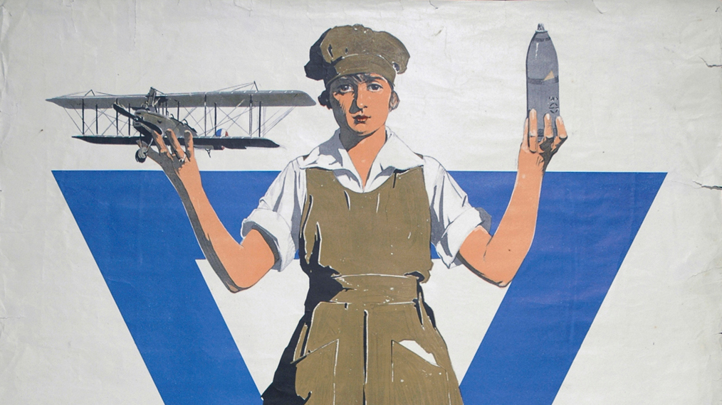 An illustration of a woman holding a plane in her right hand and a bomb in her left.