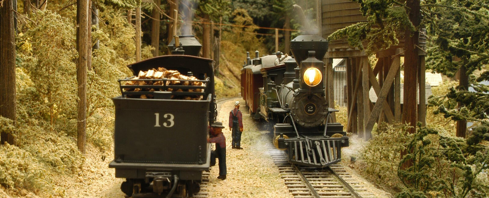 Two model trains on parallel tracks.