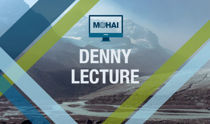 A river at the base of mountains positioned to the left. The words "Denny Lecture" are in the foreground.