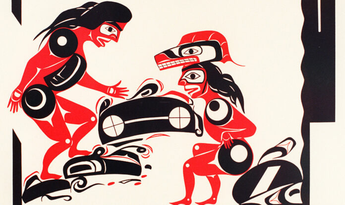 Red and black Native American art.
