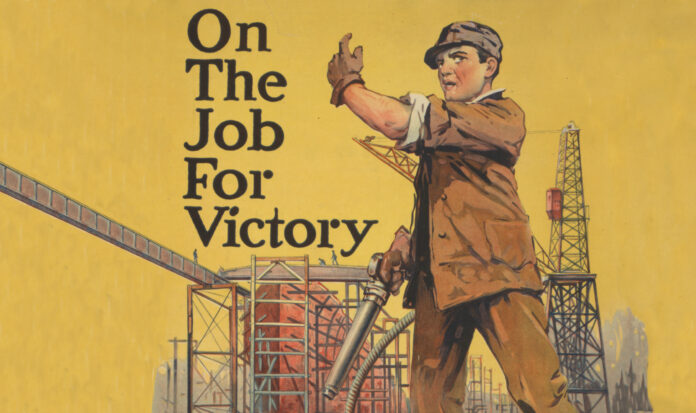 On the job for victory: A group of determined workers in uniforms