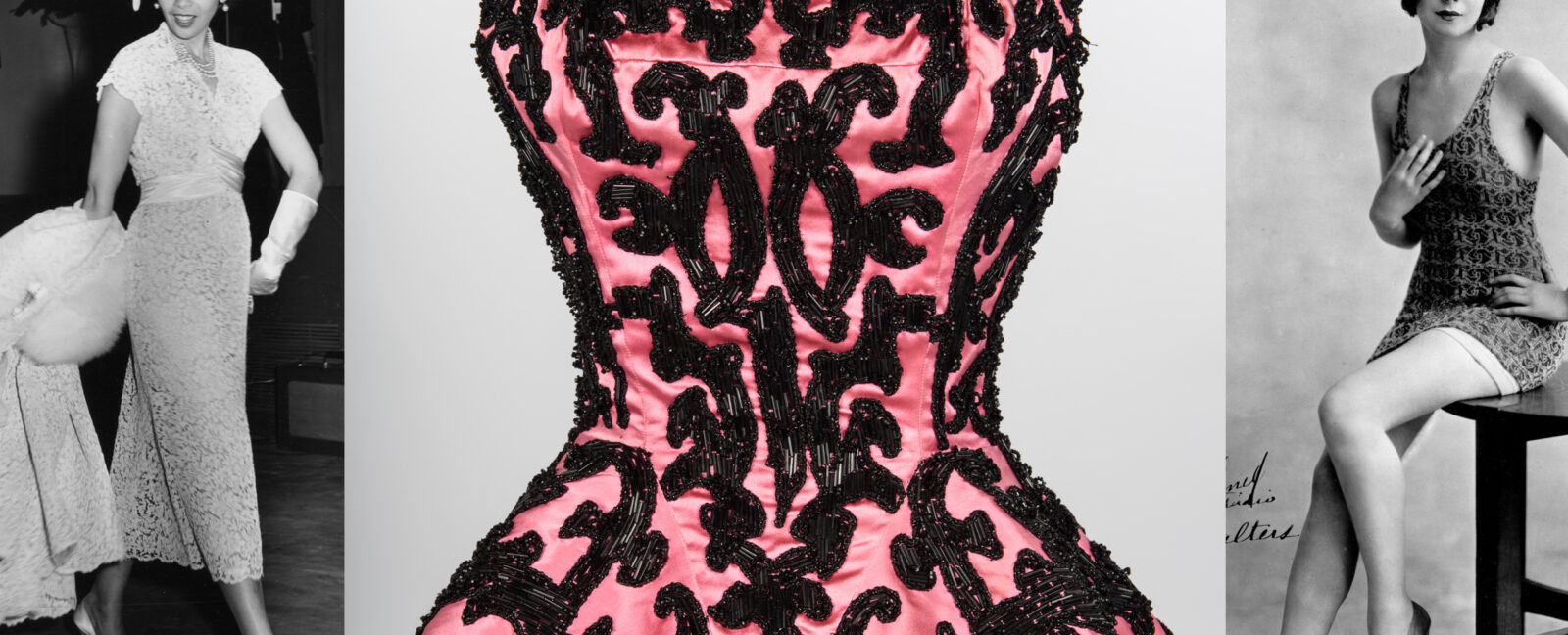 A triptych showing a pink and black formal dress in the middle flanks by two people wearing other dress shown in black and white.