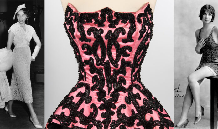 A triptych showing a pink and black formal dress in the middle flanks by two people wearing other dress shown in black and white.