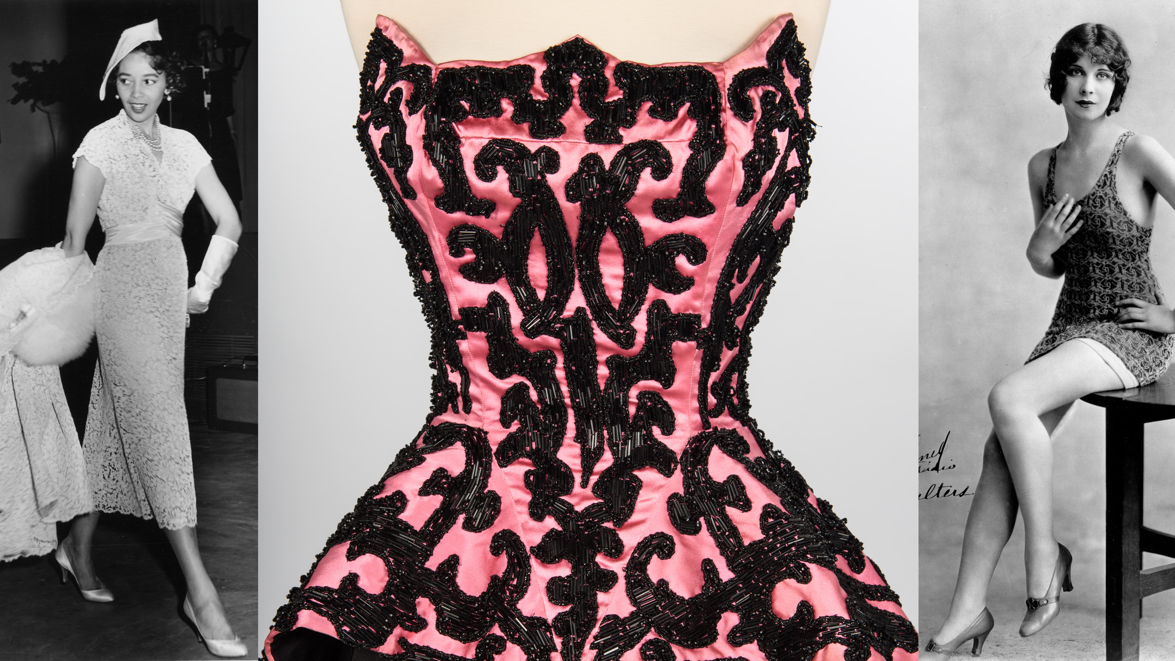 A triptych showing a pink and black formal dress in the middle flanks by two people wearing other dress shown in black and white.