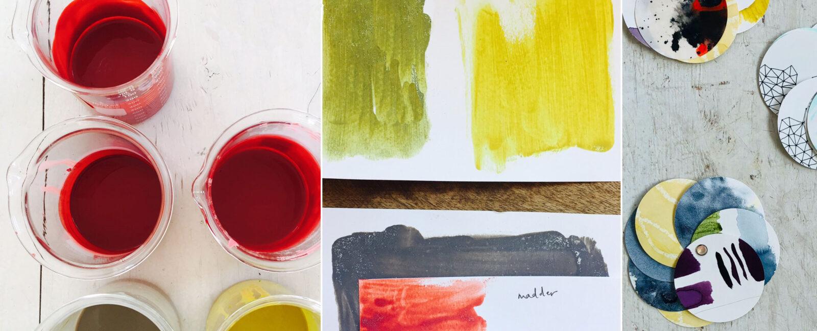 Painting supplies and painted swatches.